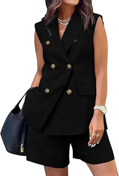 Spring Summer Women Office Shorts Suit Set Solid Khaki Sleeveless Halter Outfit 2 Piece Matching Sets For Women 2025