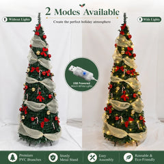 Artificial Christmas Tree with Lights Red Gold Decorations PVC Xmas Tree Easy Assembly 150/180/210cm Holiday Home Decor
