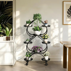 Iron Metal Plant Stand 9-Potted Rolling Flower Display Rack Holder with Wheels Indoor Outdoor