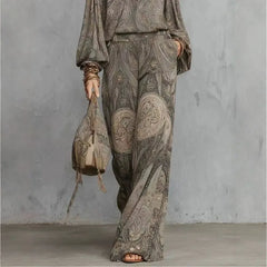 Boho Women 2‑piece Outfit Vintage Paisley Print Long‑sleeve Blouse