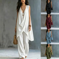 Summer Linen Cotton Sleeveless Stand Collar Set Women Casual Loose Fit