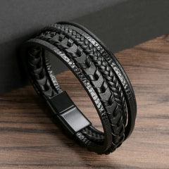 Multi Layer Braided Rope Bracelets for Men,Classic Handmade PU Leather Wristband with Magnetic Buckle,Trendy Punk Jewelry Gift