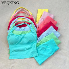 VEQKING Seamless 2pcs Women Yoga Sets Open Back Longline Sports Halter Bras Running Tank Tops Scrunch Butt Gym Workourt Shorts