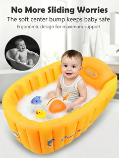 Yellow Inflatable Baby Bathtub Portable Foldable Non Slip Newborn Blow Up Bath Tub Toddler Swimming Pool Travel Shower Basin Air Padding