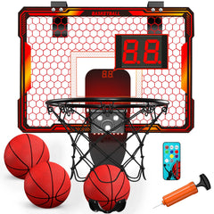 Mini Indoor Basketball Hoop with 7 LED Lights Scoreboard 3 Play Modes Adjustable Volume over Door Foldable for Kids Adults