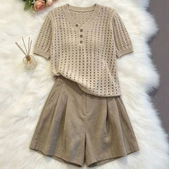 Elegant Casual 2 Piece Set 2026 Women Crochet Knit V Neck Button Short Sleeve Top High Waist Tailored Shorts Daily Summer Outfit