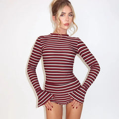 Slim Fit Striped Jumpsuit Women's New 2026 High Neck Long Sleeved Flared Cuffs Elastic Shorts Burgundy White Striped Casual Wear