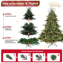 7.5ft Full-Shape Christmas Tree with 850 UL Certified Lights, 2441 PE/PVC Mixed Branch Tips, Hinged Easy Setup Artificial Tree with Wide Base and Metal Stand, Green