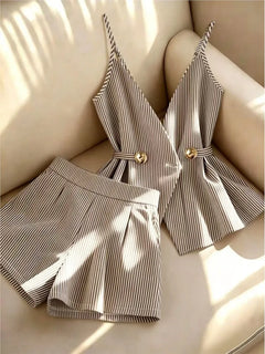 Women Striped 2 Piece Set V-neck Top Lace Up High Waist Pleated Wide Leg Shorts Summer Fashion Office Ladies Commuting Outfit