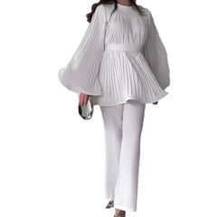 Women's New Autumn Two-piece Set Round Neck Bat-sleeved Pleated Big Swing Frenum Top Temperament Elegant Loose Straight Pants