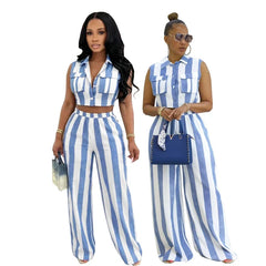 New African Fashion Women Casual Two Piece Set Striped Printed Sleeveless Pockets Crop Vest Top And Wide Leg Pants Set