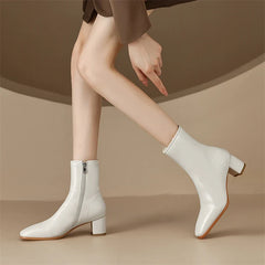 Meotina Women Genuine Leather Ankle Fur Wool Boots Round Toe Thick Mid Heel Zipper Ladies Fashion Short Boot Autumn Winter Shoes
