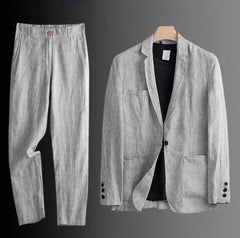 Cotton Linen Men's 2‑Piece Suit Lightweight Slim Fit Breathable Casual Suit Set for Office Wedding Sun Protection