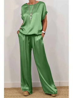 2-Piece Set Fashion Satin O Neck T-Shirt Top Trousers Summer Retro
