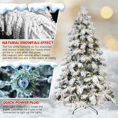 8 Foot Flocked Scarecrow-Shaped Christmas Tree with 470 LED Lights, 1242 PVC Memory Wire Tips, Power Pole Hinged Easy Setup Snowy Holiday Tree with Metal Stand