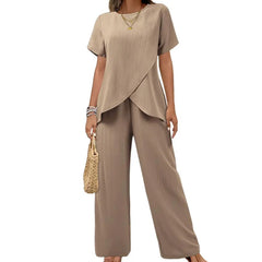 Casual Solid Suit Women Summer Fashion Round Neck Short Sleeve