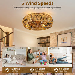 19" Caged Ceiling Fans with Lights and Remote, Boho Flush Mount Ceiling Fan with Light, Low Profile Chandelier 6 Speed Bladeless