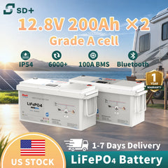 SANDISOLAR 2PCS 12V 200Ah LiFePO4 Battery 2560Wh Deep Cycle Lithium Battery 100A BMS 6000+ Cycles for Solar System RV Marine