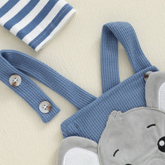 Cute Infant Newborn Baby Boys 3Pcs Outfit Cute Baby Clothes Long Sleeve Striped Romper Animal Embroidery Overalls Hat Clothes