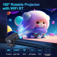 Smart Portable Projector Featuring Native 720P Resolution, Android 11 OS, Wi-Fi 6 And Bluetooth 5.4 Support, 180° Rotation, And Built-in Netflix And YouTube Apps.