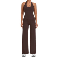 Women Halter V Neck 2Pcs Yoga Outfit Backless Crop Top High Waist Flare Pants Soft Stretch Workout Gym Pilates Casual Tracksuit