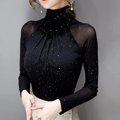 Korean fashion Women Mesh top High neck Sexy Black bottoming t shirt Casual Bright silk Lady shirt Blusa