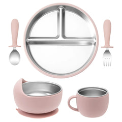 Color Kids 5PCS Baby Feeding Set Stainless Steel Silicone Tableware Sucker Dishes Plate Bowl Training Fork Spoon Infant Cup