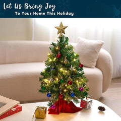 24''/2FT Mini Christmas Tree Tabletop Set with Clear LED Lights Artificial Mini Christmas Tree with Star Treetop and Hanging Ornaments, Best DIY Xmas Decorations (Storage Bag Included)