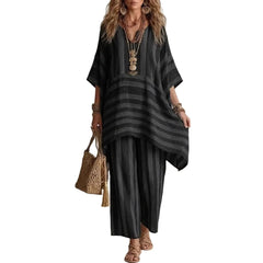 New Women's Two Piece Spring/summer Fashion V-Neck Loose Striped
