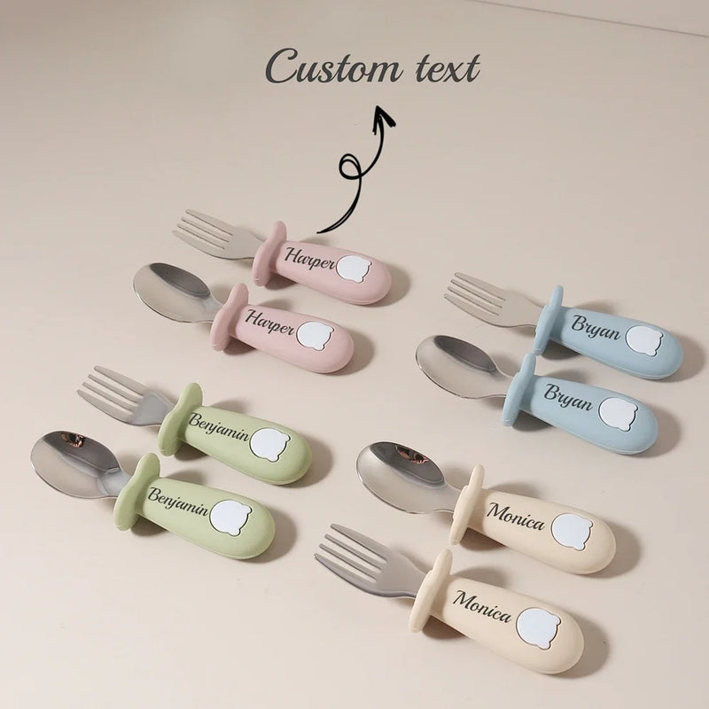 Custom Name Baby Panda Spoon Fork Set | First Self Feeding Utensils for Toddlers Stainless Steel Weaning Set with Travel Case