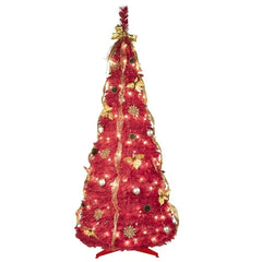 6FT Prelit Full Pop Up Christmas Tree with 150 Warm LED Lights, Gold and Red Ribbon, Bows, Balls Ornaments Easy Assemble Collapsible Xmas Trees Holiday Party Decor