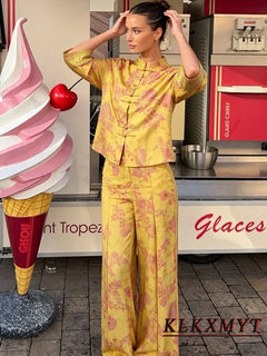Women Fashion Flower Print Sets Sexy Long Sleeve Frog Button Decoration Top+Wide-Leg Pants Summer Autumn Vacation New 2 Pieces