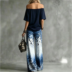 Summer Women Off Shoulder Short Sleeve Top Gradient Leopard Print Wide Leg Pants Two Piece Boho Casual Fashion Matching Suit New