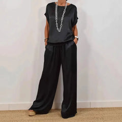 Casual Loose Satin T Shirt Pants Two Piece Sets Women Fashion O-Neck