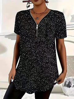 plus size women's summer new short sleeved casual polka dot top V-neck zipper curved hem T-shirt daily essential