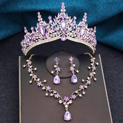 Baroque Wedding Crown for Bride 3-Pack Tiara Earrings Necklace Bridal