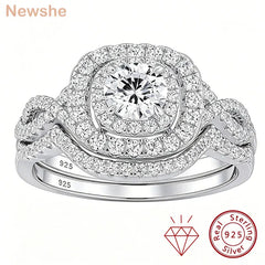 Newshe 2Pcs Halo Round Cut Moissanite Wedding Ring Set for Women Solid 925 Sterling Silver Zircons Luxury Bridal Rings