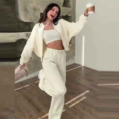 Fashion Women's Suit Zipper Trousers Round Neck Sweatshirt Wide Leg Trousers 2 Piece Set Conjuntos De Pantalón Fall Clothes 2025