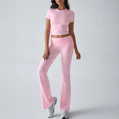 Women Casual Bodycon Two Pieces Set Short Sleeve Crop Top Slim High Waist Running Tracksuit Suit Summer Pants Outfit 2PCS