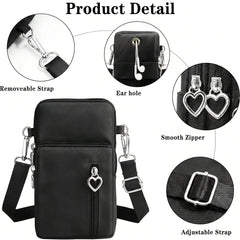 Waterproof Nylon Mini Crossbody Phone Bag for Women Heart Metal Zipper Multi Compartment Shoulder Arm Bag Phone Purse Wallet
