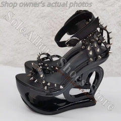 Hot Pink Spike Stud Caged Heart Cutout Wedge Sandals Gloss Patent Ankle Buckle Hollow Sculptural Platform Heels Y2K Trend Sandal