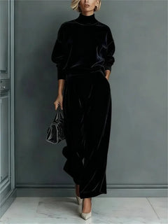 Autumn Winter Fashion High Collar Gold Velvet Long Sleeve Women's Suit