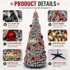 Foldable Christmas Tree with LED Lights Snow Flocked Artificial Xmas Tree Slim Space Saving Party Home Holiday Decoration