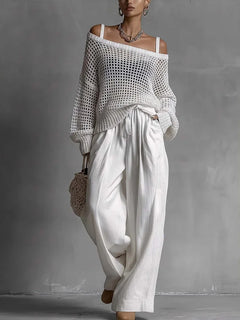 Vintage Women 2 Piece Outfit Off Shoulder Hollow Out Knit Sweater Top Elastic Drawstring Wide Leg Long Pants Casual Matching Set