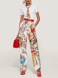 Spring Urban Patterns Printing Trousers Suit Women Round-neck Short Sleeve Tops+high Waist Straight Pants Autumn Two Piece Set