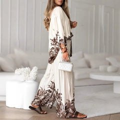 Elegant Women Loose Two Piece Set Chic Floral Print Long Sleeve Shirt Wide Leg Pants Set Bohemian Outfits Loungewear Pajamas Set
