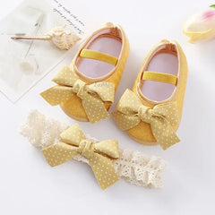 Spring Infant Baby Girl Shoes Newborn Lace Flowers Headband Anti-Slip Soft Sole First Walkers Toddler Kids Cotton Baptism Shoes