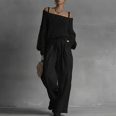 Off Shoulder Hollow Knit Womens 2 Piece Set Long Sleeve High Waist Wide Leg Pants Outfit Casual Loose Summer Beach Vacation Suit