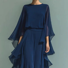 Women Top Pants Two-Piece Set Summer Loose Fit Casual Ruffle Bell Sleeve Shirt Solid Color Wide Legs Pants Trousers