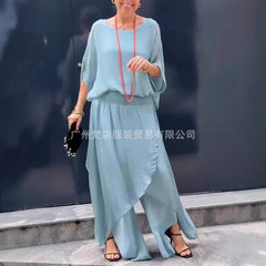 2025 Summer Fashion Women's Solid Color Casual Trendy Loose 2 Piece Chiffon Sets O-neck Short Sleeve T-shirts Wide Leg Trousers
